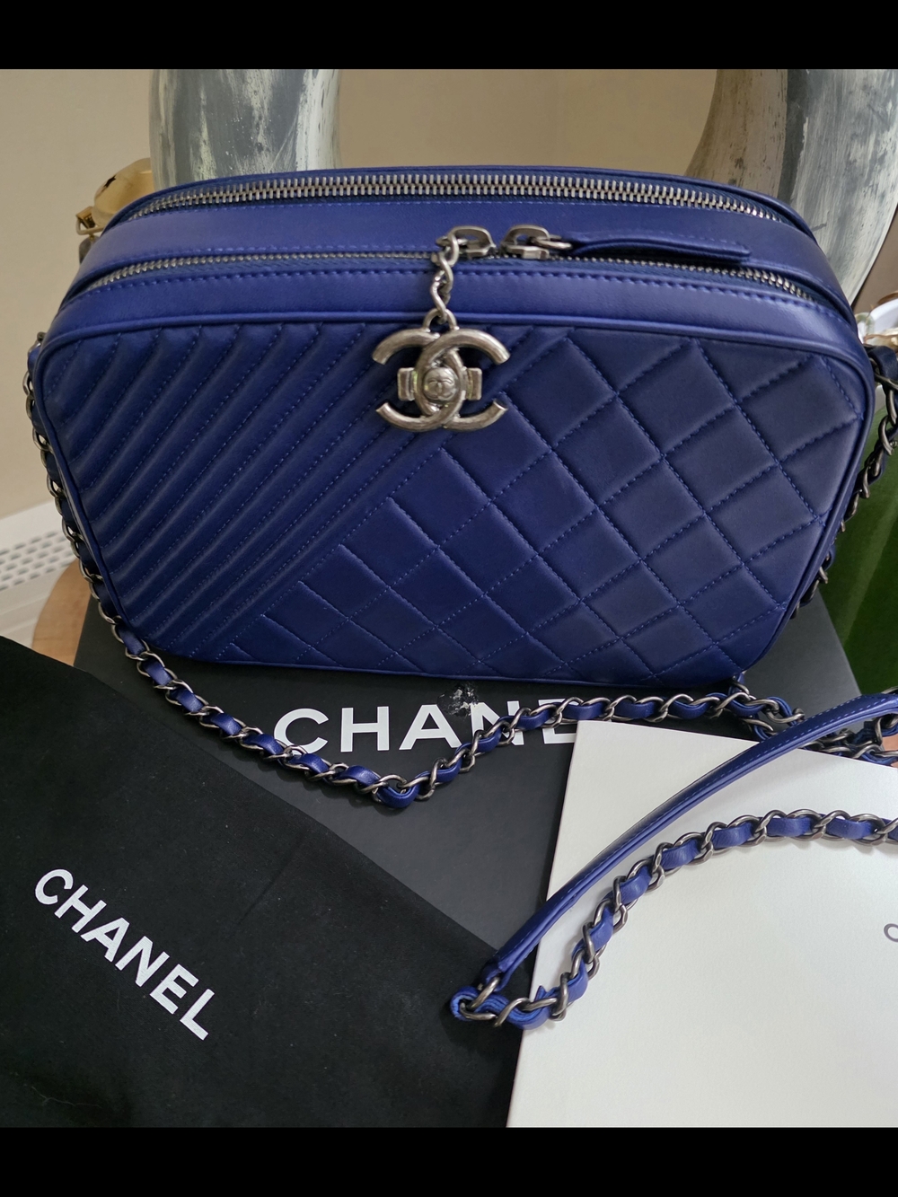 Chanel Boy Camera Bag In Royal Blue with Ruthenium Hardware